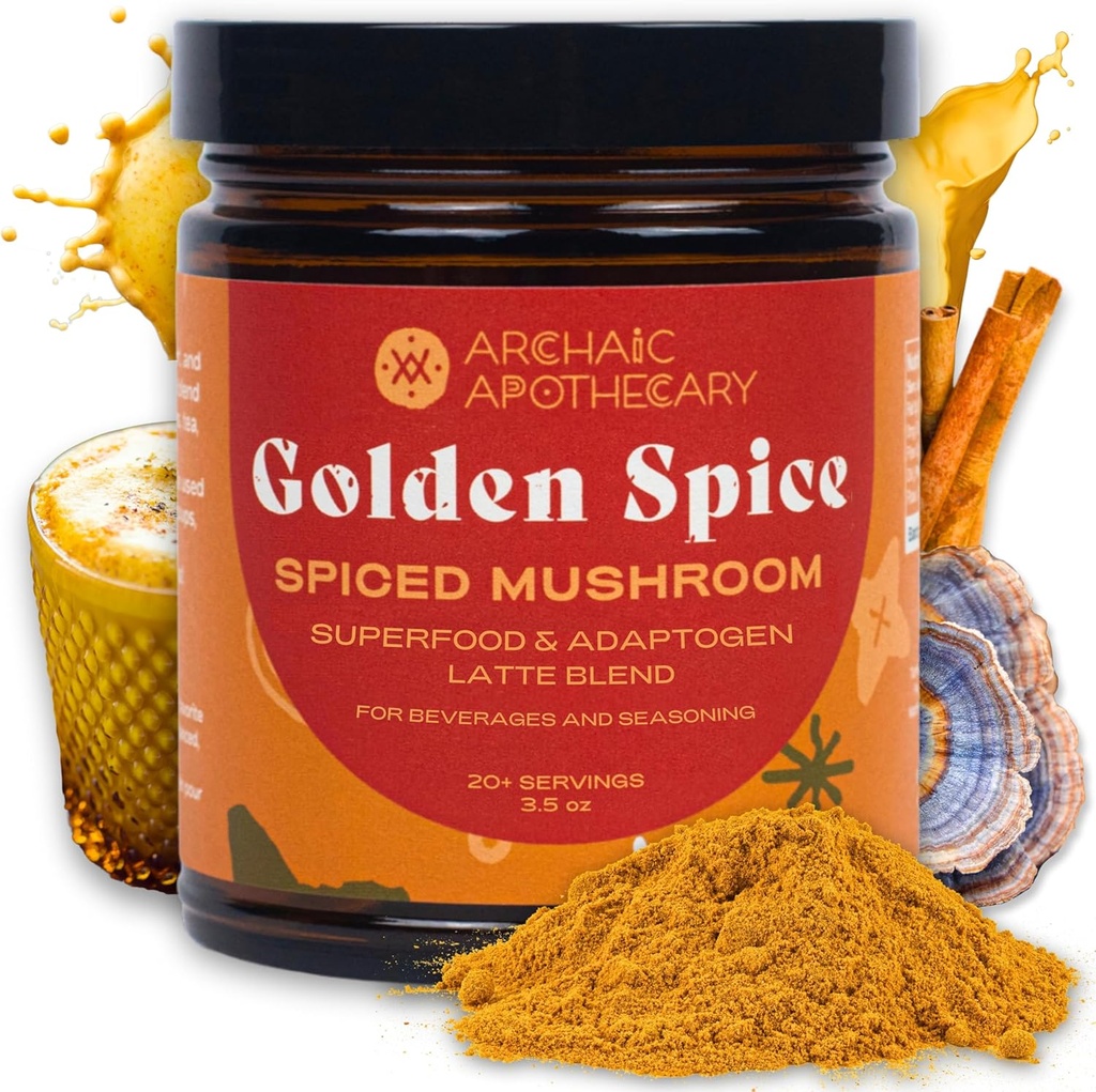 Golden Spice - Altın Süt w/Mushrooms, Heirloom Turmeric Latte Spice Mix | Türkiye Tail & Ashwagandha Adaptogens | Caffeine-Free Rooibos Matcha | No Milk, Sweeteners, or Fillers