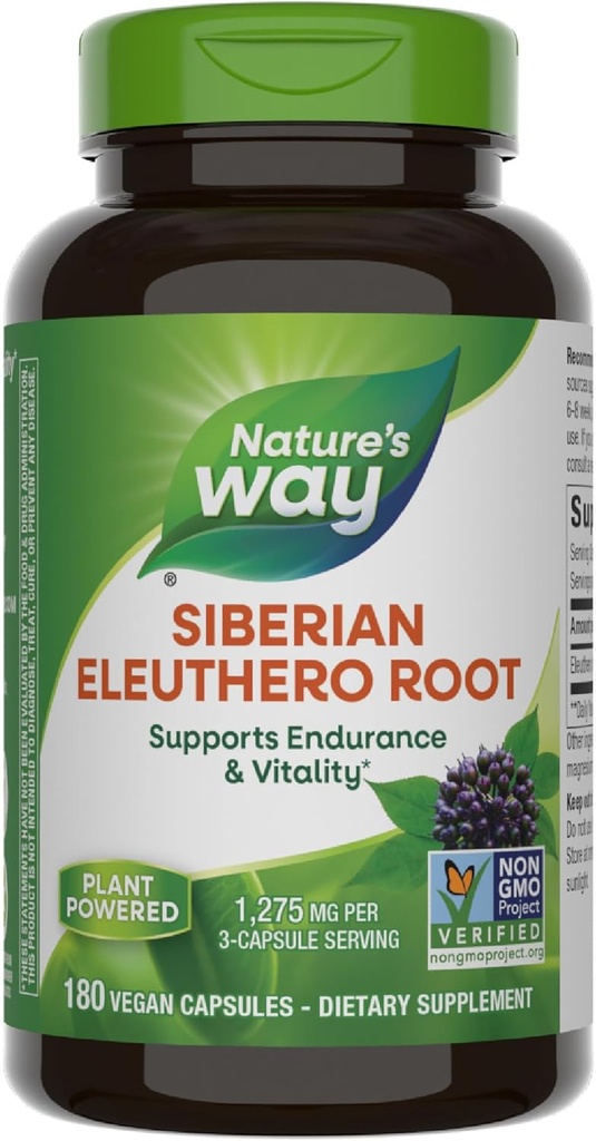 Nature's Way Premium Herbal Sibirya Eleuthero Root Supplement, Supports Endurance & Vitality*, Adaptogen*, 3Capsule Için 1.275 mg, Non-GMO Projesi Doğrulandı, 180 Capsules (Pazarlama May Vary)