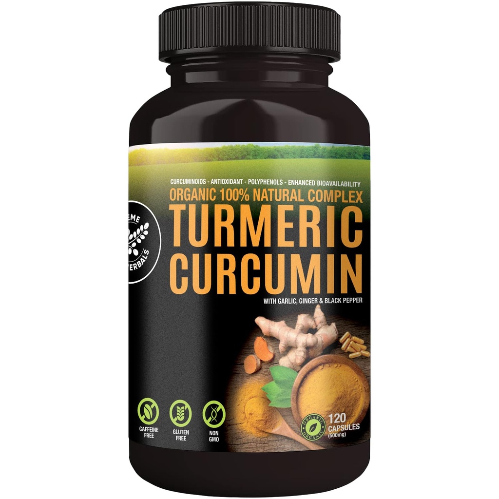 100% Raw ve Organik Turmeric Curcumin Capsules. sertifikalı Organik, Gluten-Free, Non-GMO ve Caffeine-Free. Enhance, Ginger ve Black Pepper, 500 mg, 120 Vegan Capsules