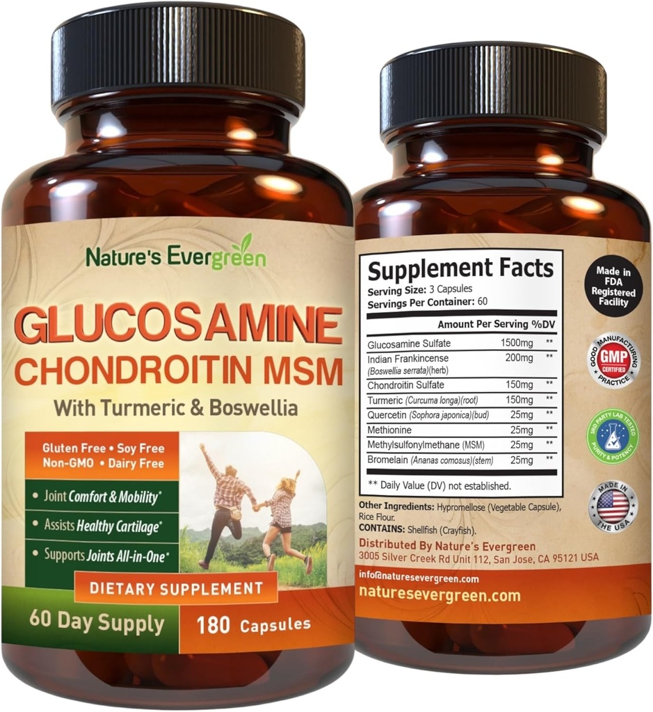 Glucosamine Chondroitin MSM, Turmeric & Boswellia Supplement | Ortak Destek Tamam Glucosamine Sulfate 1500 mg | Ortak Sağlık Kadın ve Erkekler için Yüksek Lisans - 180 Capsules