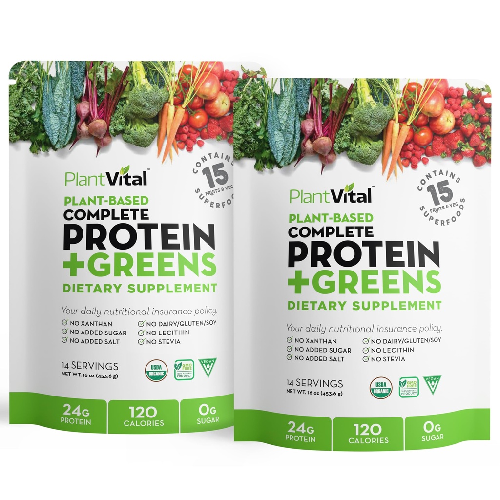 Plantvital Unflaved Organic Vegan Protein Powder - 15 Superfoods, Veggies and Probiotics - Organic Plant Based Protein Powder - All BCAA’s, Gluten Free - 16oz (Pack of 2)