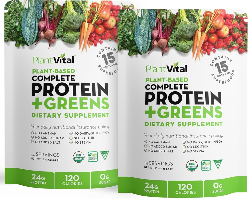 Plantvital Unflavored Organic Vegan Protein Powder - 15 Superfoods, Veggies and Probiotics - Organic Plant-Based Protein Powder - All BCAA’s, Gluten Free - 16oz (Pack of 2)