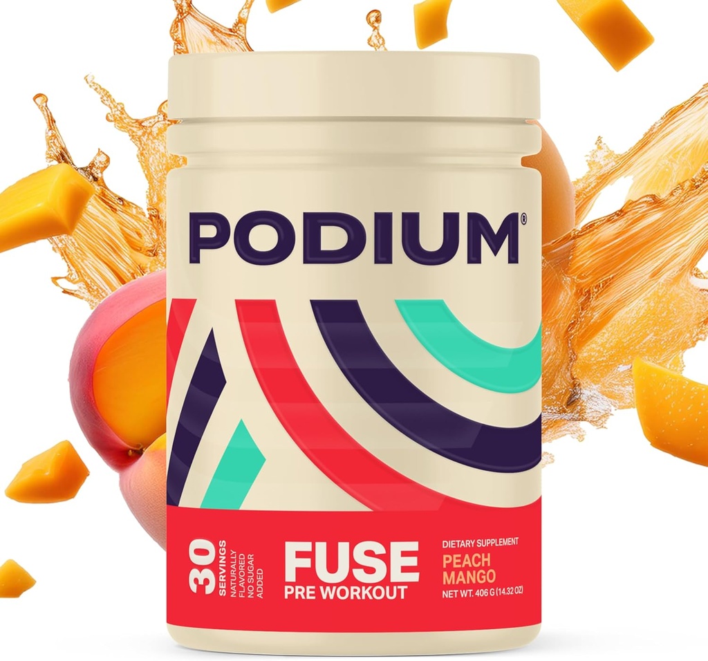 Διατροφή Podium, Fuse PreProperty Powder, Peach Mango, 30 Σερβιέτες, Beta Alanine και καφεΐνη για την ενέργεια, χωρίς γλουτένη, χωρίς σόγια, χωρίς γαλακτοκομικά