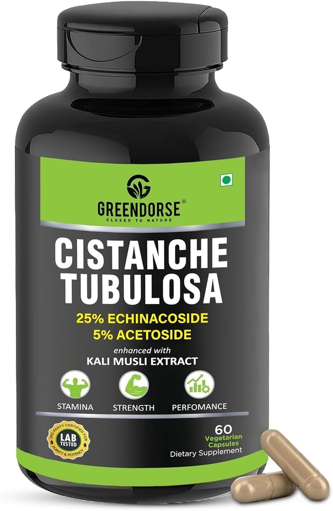 Organic Cistanche Tubulosa τυποποιημένο σε 25% Echinacoside, 5% Acetoside με εκχύλισμα Kali Musli 1000mg 3ο Μέρος Δοκιμασμένο για δύναμη, απόδοση, ζωτικότητα- 60 κάψουλες Veg