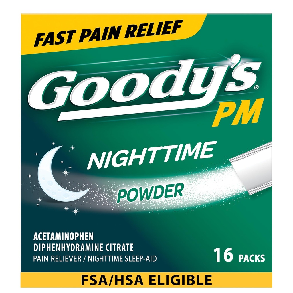 Goody's Nighttime Toz, Pain Reliever & Sleep Aid with Acetaminophen & Diphenhydramine Citrate, Caffeine Free, Count 16