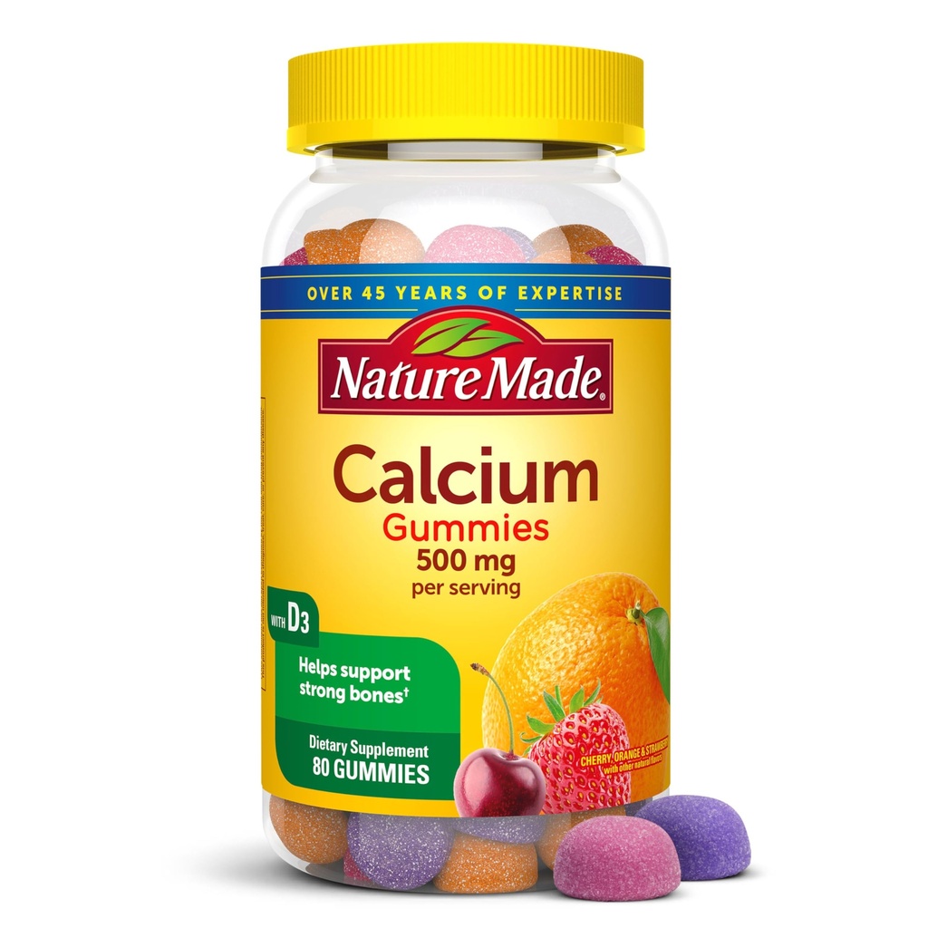 Nature Made Calcium Gummies 500 mg ανά υπηρεσία με βιταμίνη D3, συμπλήρωμα διατροφής για την υποστήριξη των οστών, 80 Gummies, 40 ημέρες προσφοράς