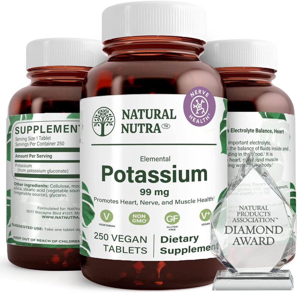 Natural Nutra Elemental Potassium Gluconate 99 mg Dietary Supplement – Promotes Energy, Helps Boost Nervous System, Promotes Heart Health, Mineral Regulation, Muscle Function - 250 Vegan Tablets