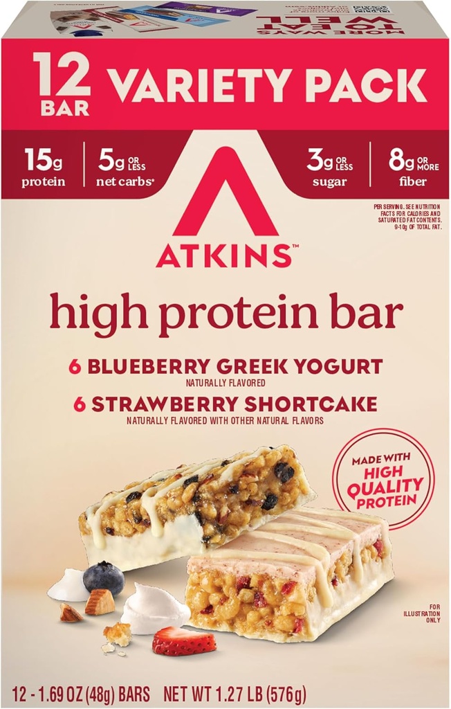 Atkins Blueberry Greek Yogurt & Strawberry Shortcake High Protein Bar, High Fiber, Keto Friendly, 12 Count (6 Bars Each Flavor)
