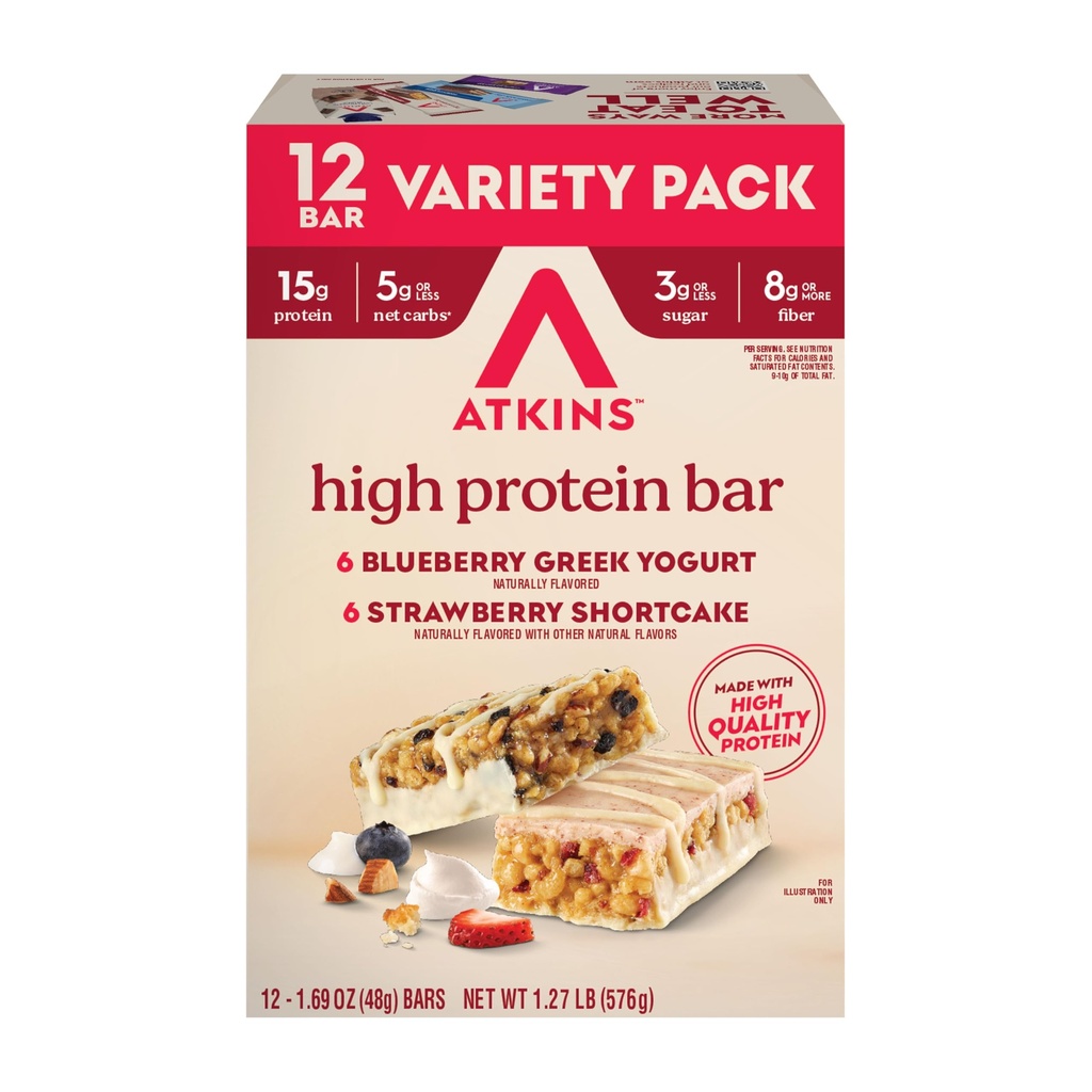 Atkins Blueberry Greek Yogurt & Strawberry Shortcake High protein Bar, High Fiber, Keto Friendly, 12 Kont (6 Bars Her Flavor)