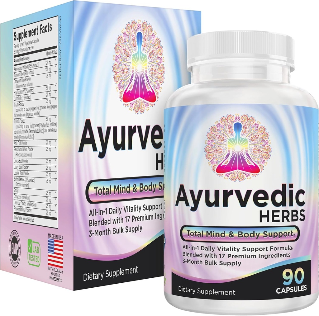 AYURVEDIC Herbs 3-Month Supply (All-in-1) Supplement Meeting | Ayurveda Mind Body Herbal Kompleksi 17 Active Malzemelerle | Ayurvedic Supplements | 90 Capsules