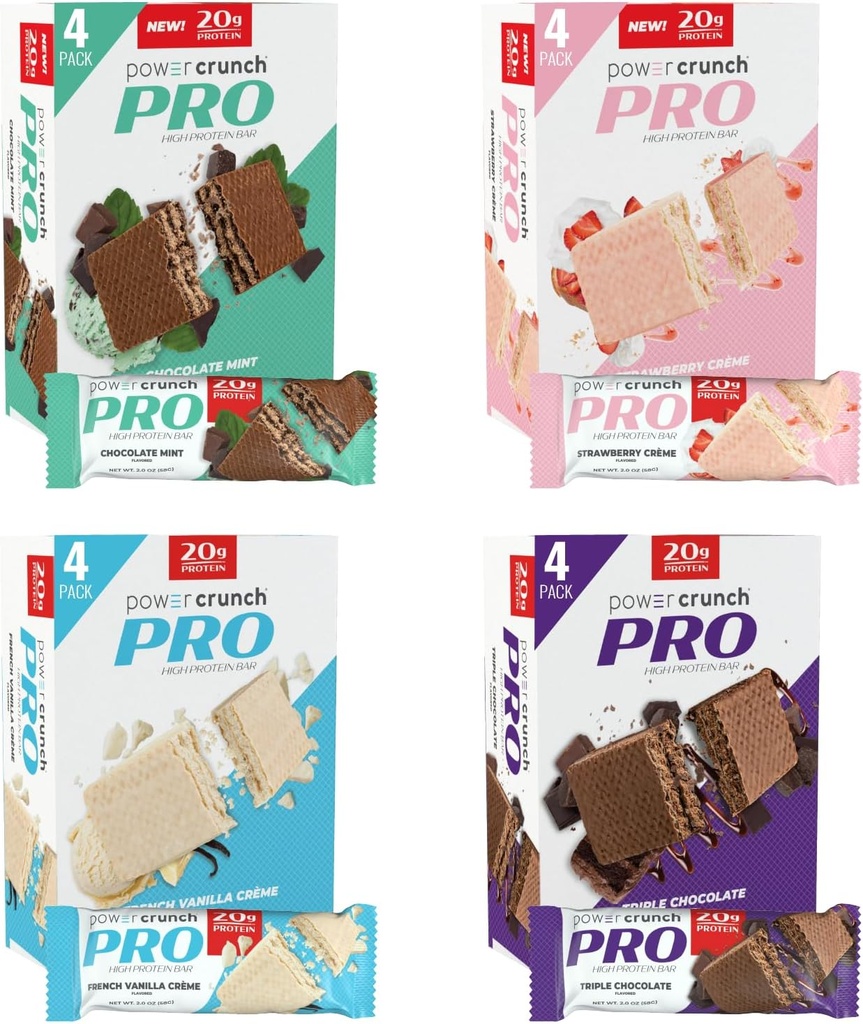 Power Crunch PRO protein Wafer Bars, Çeşitli Paket, 4 Flavors 2.0 Ounce Bars (16 Count). Yüksek Protein Yüksek Protein