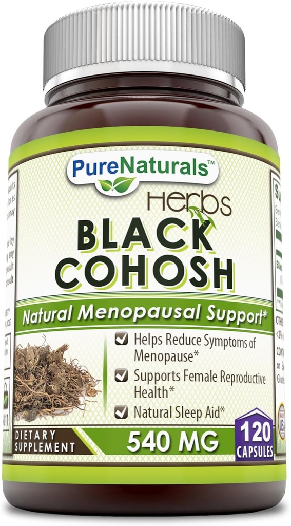 Pure Naturals Black Cohosh Menopause Relief - Menopause Support için Doğal Çözümler - 540 Mg Supplement with Pure Root Capsules 120 Capsules