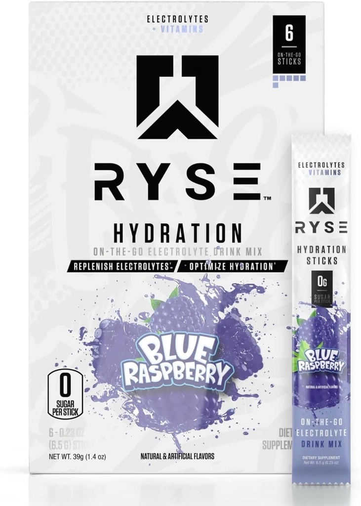 Ryse Core Hydration | Go Electrolyte Drink Mixets | with All 6 Electrolytes + Essential Vitamins | Zero Sugar | 6 Hizmet (Mavi Raspberry)