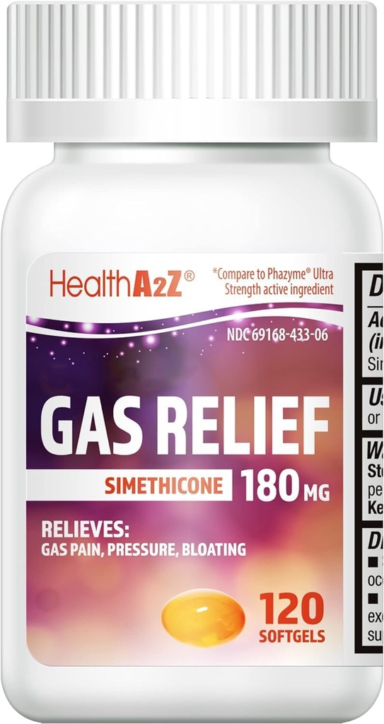HealthA2Z® Gas Relief Simethicone | 180 MG | Stomach Discomfort and Gas | Anti Flatulence | Relieves Gaz Hızlı (120)