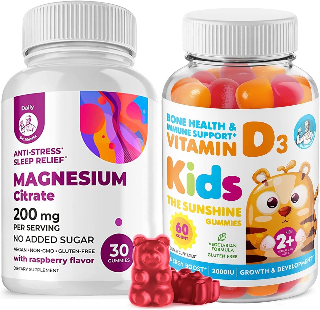 Çocuklar için D Gummies &Adults 2000 IU ve Magnezyum Gummies - sağlıklı Vitamin D3 Supplements 1000IU - Vejetary Gelatin-Free Immune Support with Sugar-Free Magnezyum Calm Chews for Kids&Adults