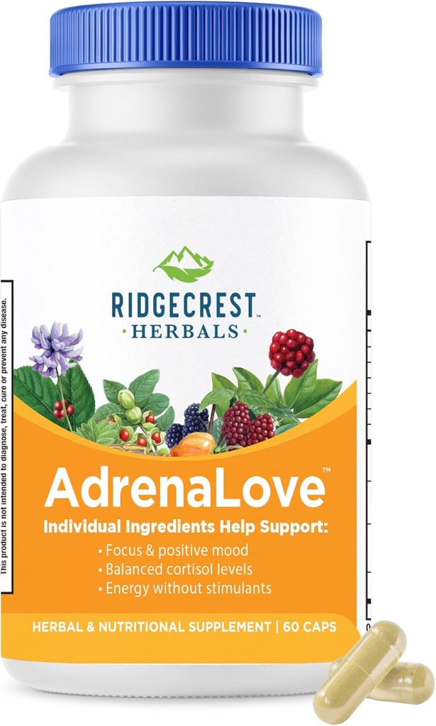 Ridgecrest Herbals AdrenaLove, Stress and Energy Support Supplement with Ashwagandha, L-Theanine, BTC, Schisandra, Taurine, Holy Basil, Adaptogens, B Vitaminleri (60 Vegan Caps, 30 Serv)