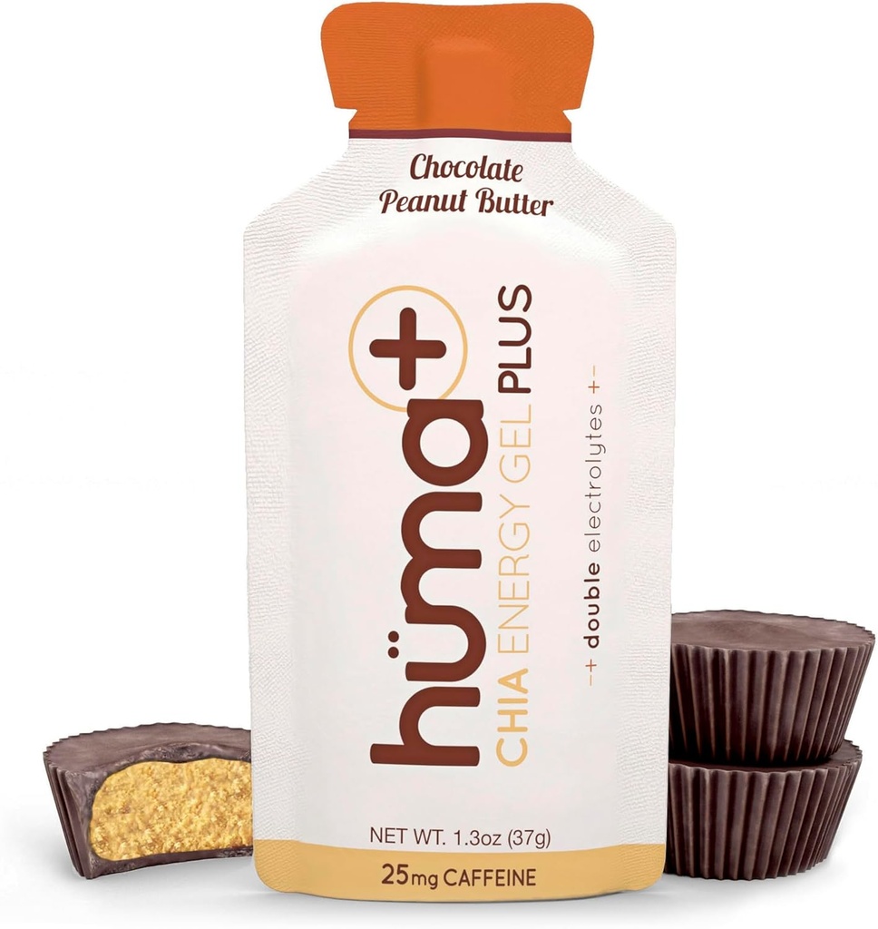 Huma Plus (Çift Elektrolytes) - Chia Energy Gel, Chocolate Peanut Butter, 12 Gels - Stomach Friendly, Real Food Energy Gels)
