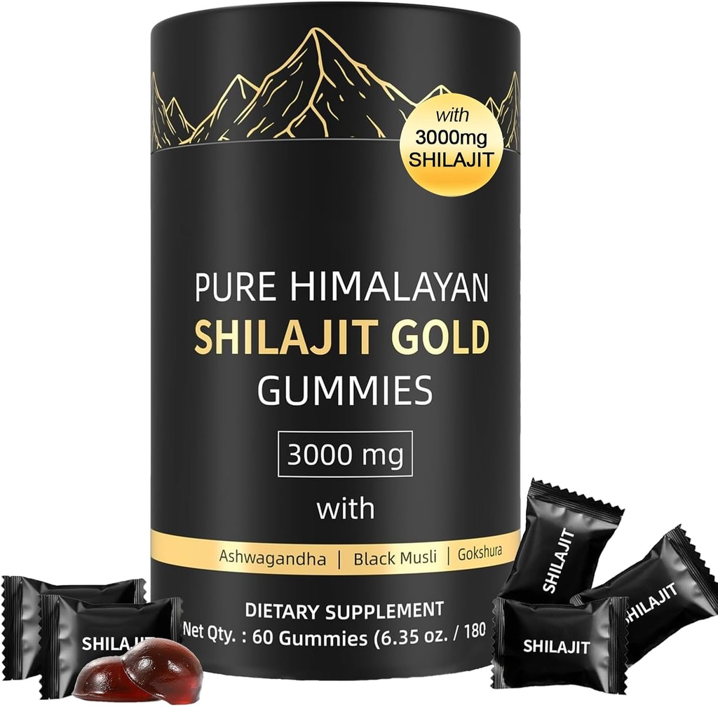 Shilajit Gummies, Pure Himalaya Shilajit Gummies Gold, No add Sugar Non-GMO 100% Natural & Organic, Ashwagandha, Gokshura| Fulvic Acid & 85+ Trace Minerals for Men, Women | 60 Gummy