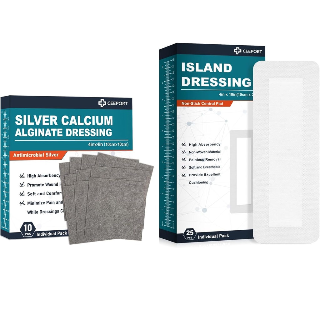 Silveruba Alginate Dressing (4'x4'10Pcs) +Island Dressing (4" x 10" 25Pcs)