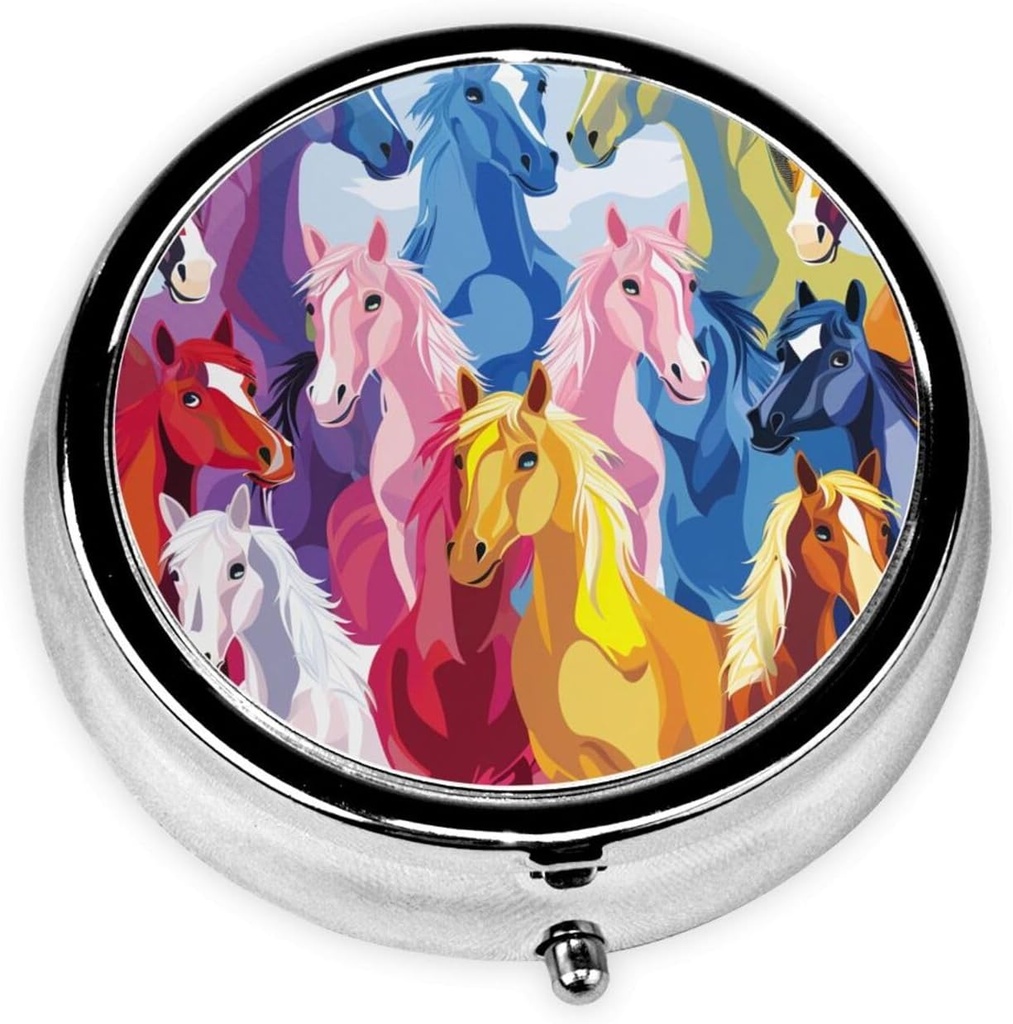 Χαριτωμένο Cartoon Horses Εκτυπωμένο Round Pill Organizer με 3 διαμερίσματα, Portable Mini Pill Box Pill περίπτωση για την ιατρική, βιταμίνη, ιχθυέλαιο, συμπληρώματα