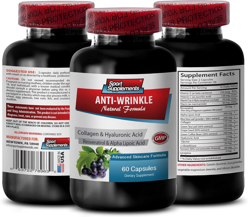 Resveratrol 250 - Anti-Wrinkle Pills - Kadınlar için yaşlanma derisi bakımı, kolajen haplar, aloe vera suyu cilt, aloe vera kapsülleri organik, hauloronik asit vitaminleri, 1 Bot 60 Capsules