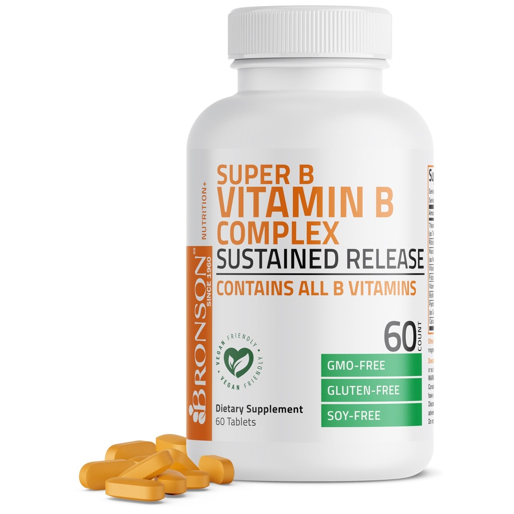 Bronson Super B Vitamin B Complex Παρατεταμένη αργή απελευθέρωση (βιταμίνη Β1, Β2, Β3, Β6, Β9 - Φολικό οξύ, Β12) Περιέχει όλες τις βιταμίνες Β 60 δισκία