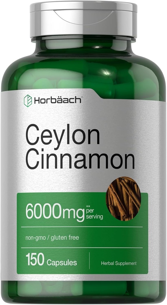 Horbäach Ceylon Cinnamon Capsules | 6000 mg | 150 Kont | Non-GMO & Gluten Free Supplement Supplement Supplement