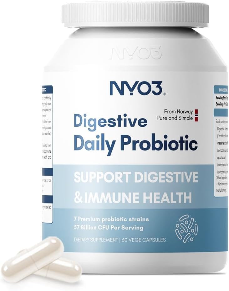 NYO3 Digestive Probiyotiks 57 Bilion CFU 7 Strains,60 Capsules,Bloat Relief, Supports Digestion & Immune Health