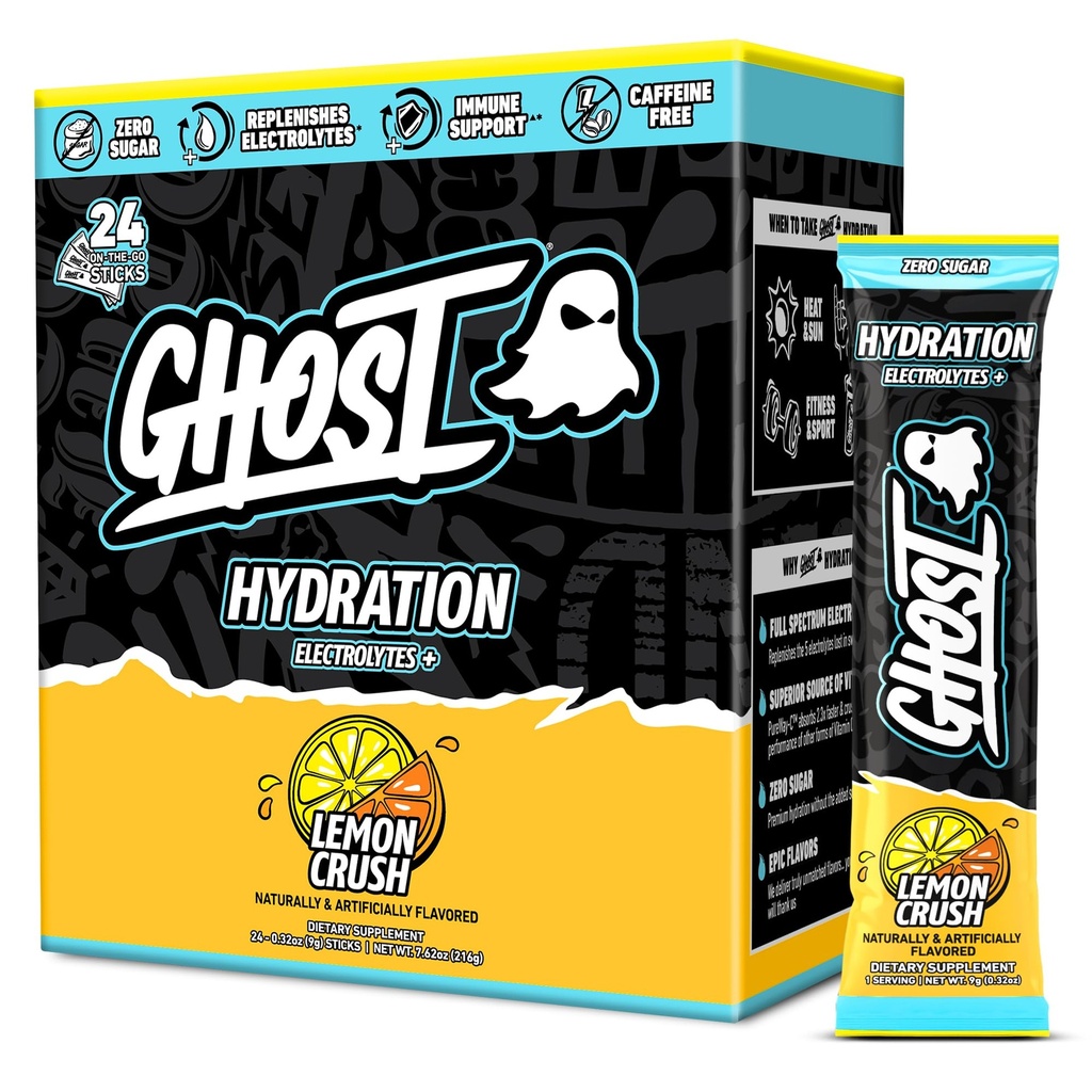 GHOST Hydration Packets, Lemon Crush, 24 Sticks, Electrolyte Toz - Magnezyum, Pyum, Kalsiyum, C - Vegan Dostu, Soy, Sugar & Gluten