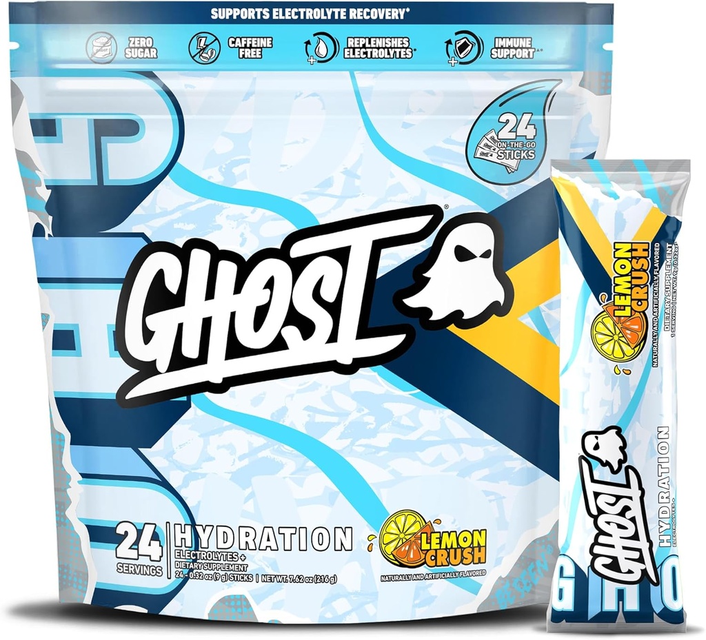 GHOST Hydration Packets, Lemon Crush, 24 Sticks, Electrolyte Toz - Magnezyum, Pyum, Kalsiyum, C - Vegan Dostu, Soy, Sugar & Gluten