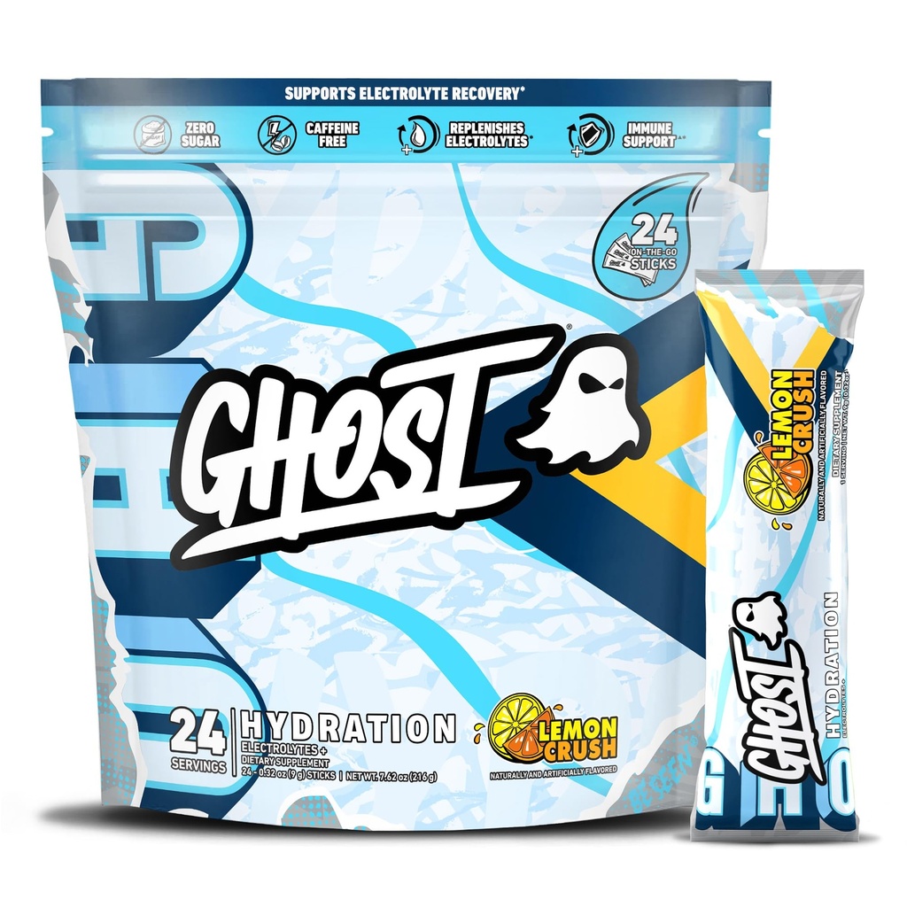 GHOST Hydration Packets, Lemon Crush, 24 Sticks, Electrolyte Toz - Magnezyum, Pyum, Kalsiyum, C - Vegan Dostu, Soy, Sugar & Gluten