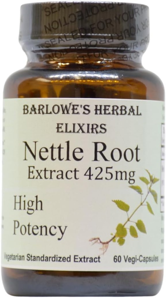 Barlowe's Herbal Elixirs Nettle Root Extract | Urtica Dioica% 95 3,4-Divanillyltetrahidrfuran | 425 mg Per Capsule | 60 Vegan Capsules | Stearate-Free | Glass Şişeler