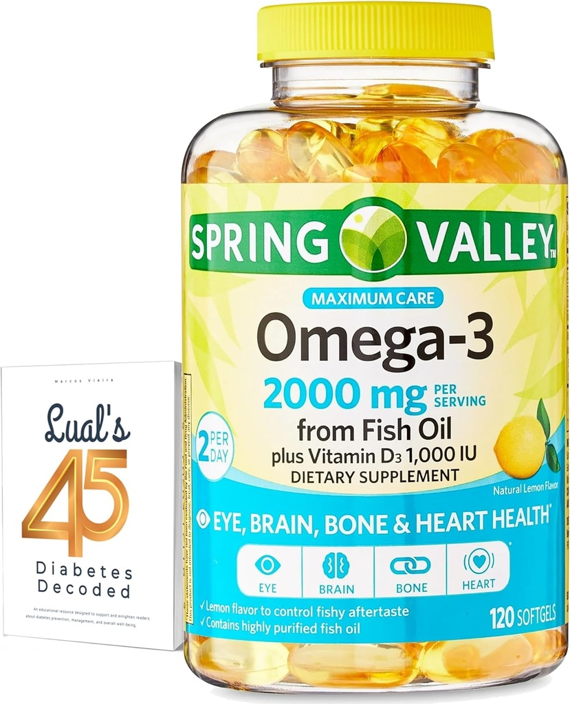 Spring Valley Omega-3, Fish Oil 2000 mg for Eye Brain Bone & Heart Health Diyetary Supplement Softgels, 120 Count, Sche with Luall's 45 Diabetes Decoded