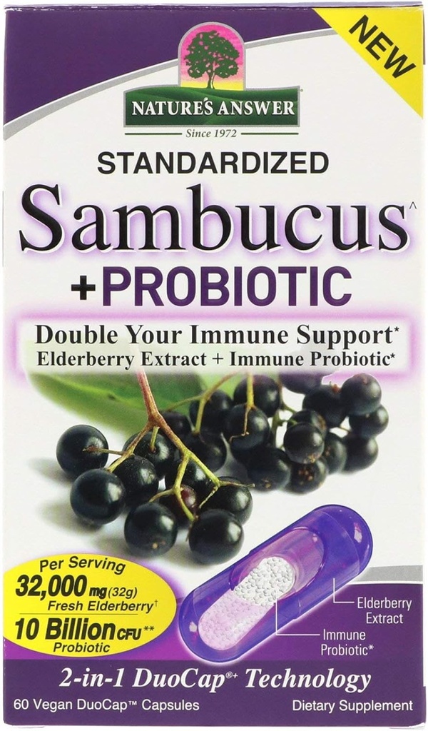 Nature's Answer Sambucus + Probiyotik | New 2in-1 Double Your Immune Support | 32.000 mg Standardized Fresh Elder Duo Cap with 10 Milyar CFU Probiyotik | Gluten-Free, Non-GMO | 60 Vegan Capsules