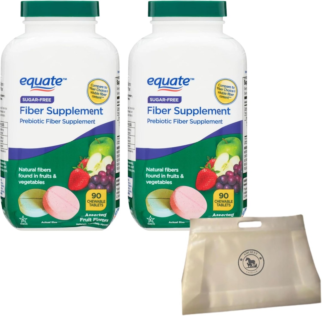 Equate Daily Fiber Sugar Free Prebiyotik 90 Chewable Tabletler (2 Packs) Sche with Reusable Food Pouchte