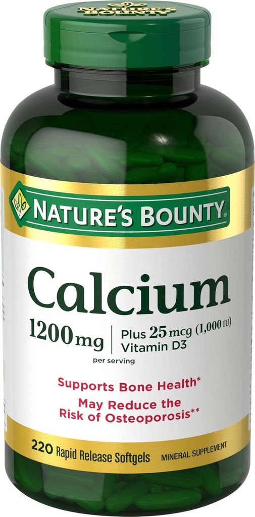 Nature's Bountyuba 1200 mg with Vitamin D3, Bone Health & Immune Support, D3 1000 IU, 220 Softgels
