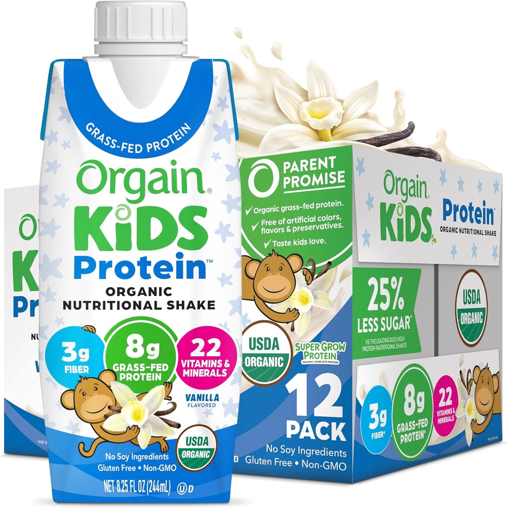 Ya da Geri Organik Çocuk Beslenme Protein Shake, Vanilla, Sağlıklı Çocuk Snacks, 8g Süt proteini, 3g Fiber, 22 Vitamin & Minerals, No Soy Malzemeleri, Gluten Free, Non-GMO, 8.25 Fl Oz (Brook of 12)