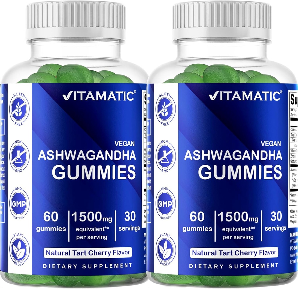 Vitamatic 2 Pack Ashwagandha Gummies 1500 mg Isvalent Per Service (30:1 Extract 50 mg) - 60 Vegan Gummies -% 3 Withanolides