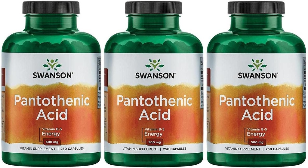 Swanson Pantothenic Acid (Vitamin B-5) Enerji Metabolism Nerve Function Support 500 mg 250 Capsules (3 Pack)