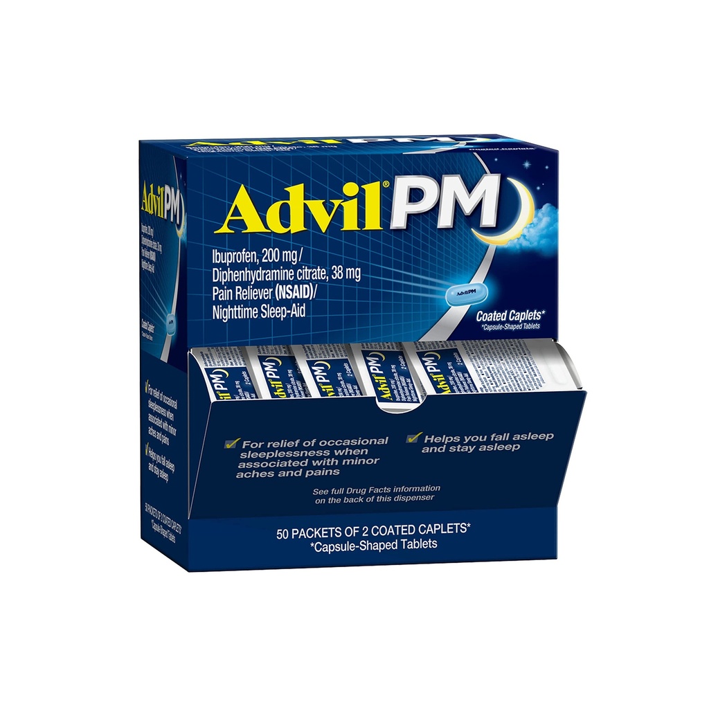 Advil PM Pain Reliever ve Nighttime Sleep Aid, Pain Medicine with Ibuprofen for Pain Relief and Diphenhydramine Citrate for a Sleep Aid - 50x2 Kaplamalı Caplets