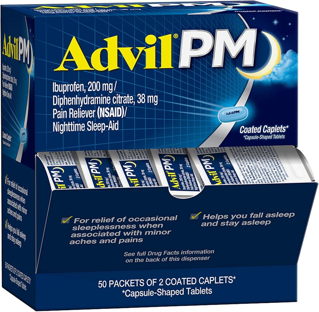 Advil PM Pain Reliever ve Nighttime Sleep Aid, Pain Medicine with Ibuprofen for Pain Relief and Diphenhydramine Citrate for a Sleep Aid - 50x2 Kaplamalı Caplets