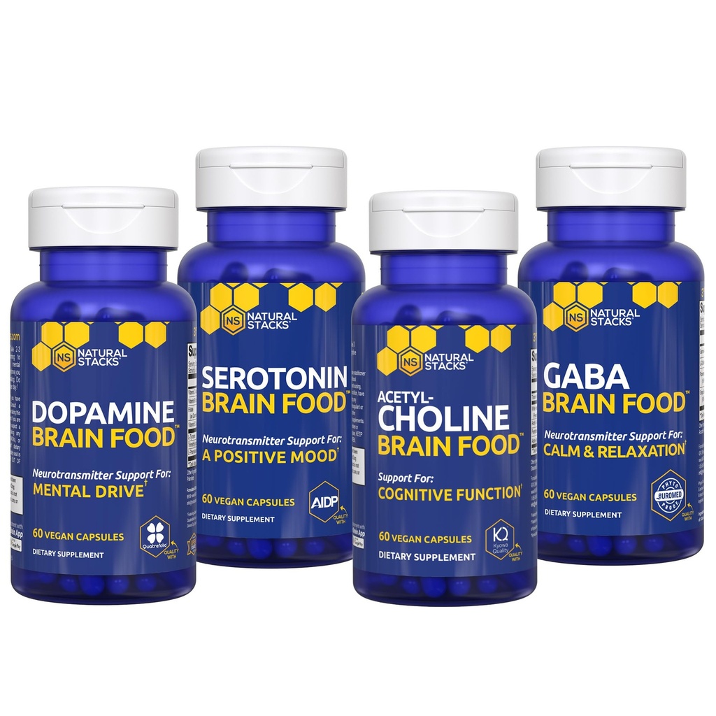 NATURAL STACKS Brain Food Bundle - for Mental Drive, Cognitive Function, Positive Mood & Relaxation* - Brain Supplements for Adults - 240 Total Capsules