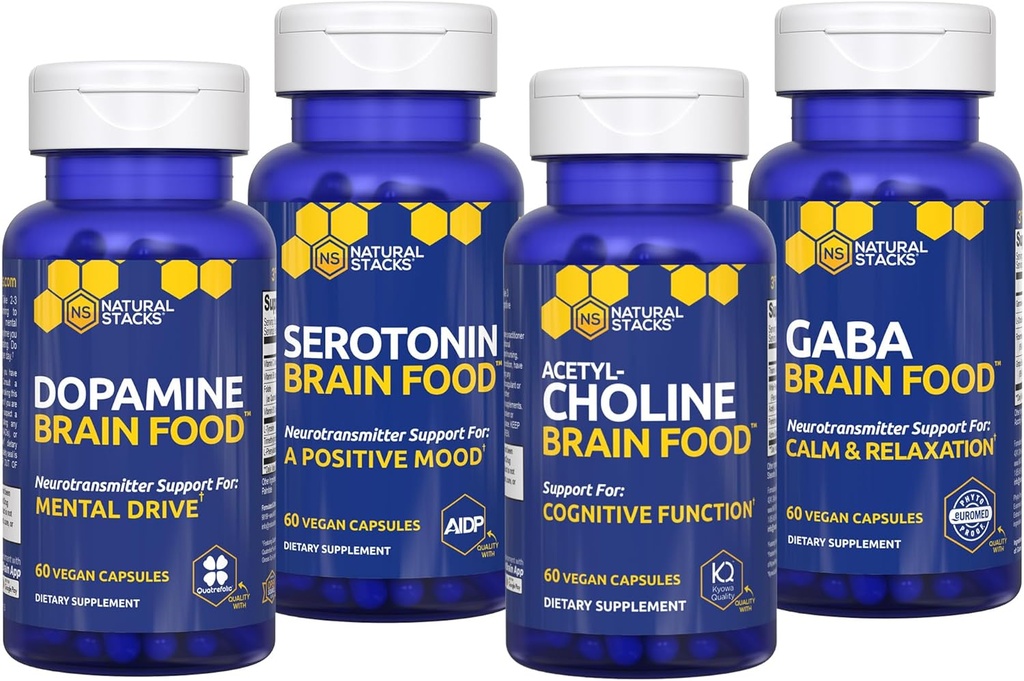 NATURAL STACKS Brain Food Bundle - for Motivation, Cognitive Function, Positive Mood & Relaxation* - Brain Supplements for Adults - 240 Total Capsules