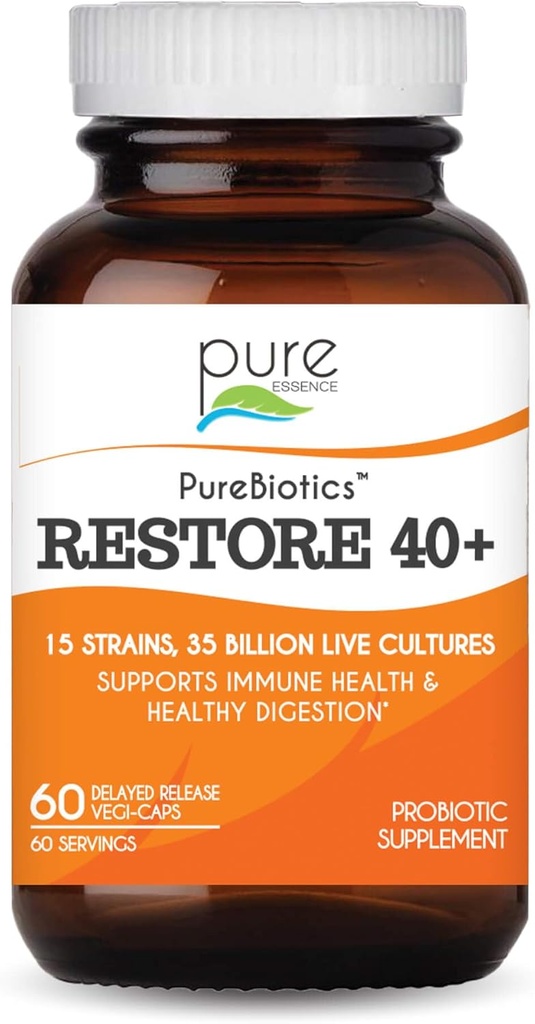 PURE ESSENCE LABS PureBiotics Restore 40+ Probiotic Supplement - Supports Immune & Digestive Health - Γαλακτοκομικά & Χωρίς Γλουτένη - 15 Strains (35 δις CTU) Ενήλικες Φυσικά Προβιοτικά (60 Caps)
