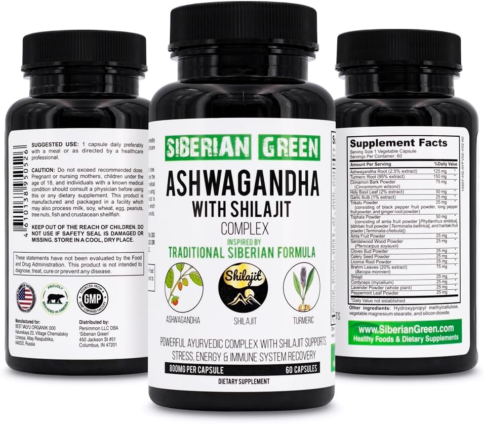 Sibirya Green Ashwagandha ile Altai Shilajit & Turmeric Ayurvedic Kompleksi 60 Capsules – Geleneksel Sibirya Formula Stresi Yardımı, Mood, Enerji Desteği, Immune System Recovery