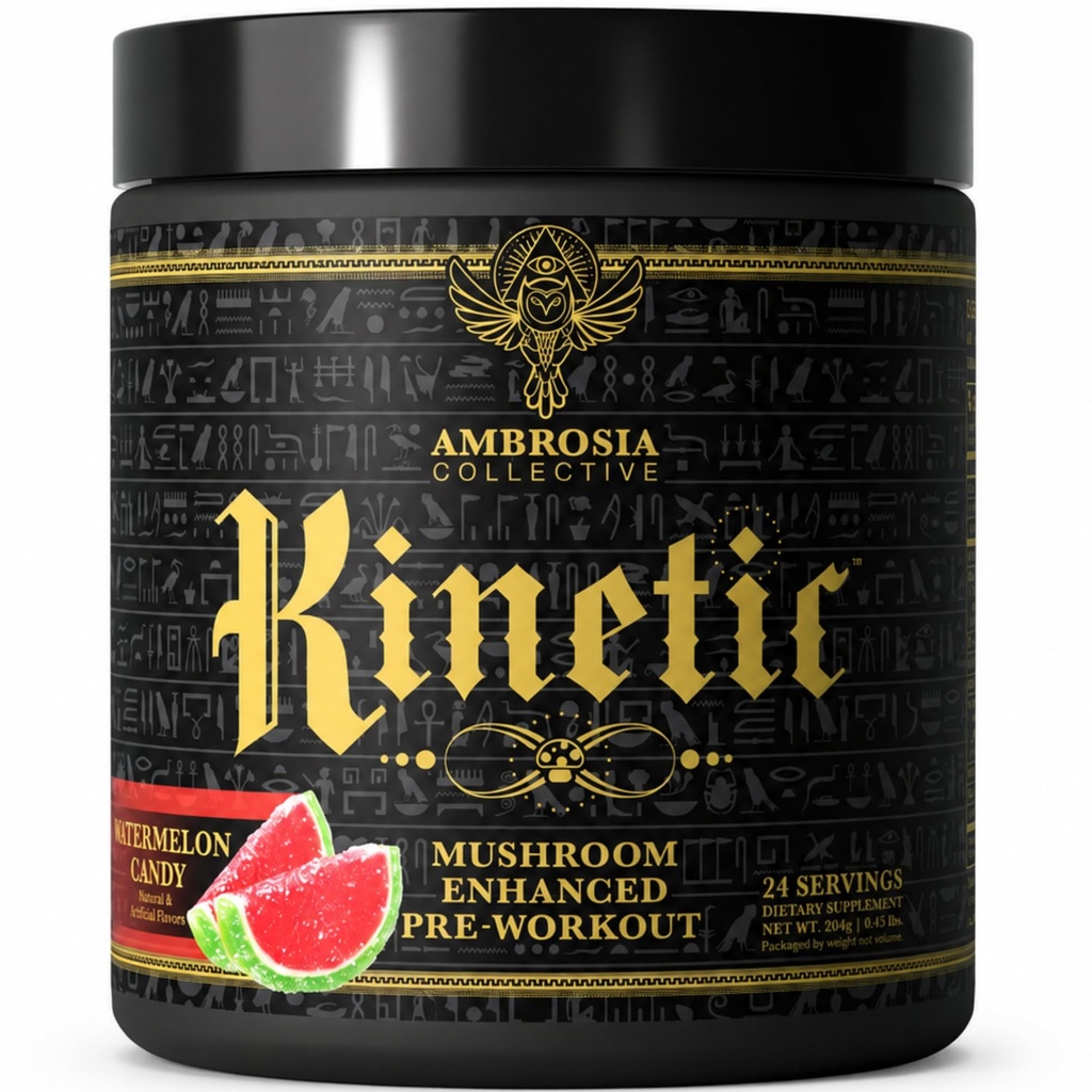 Ambrosia Kinetic Organic Preworkout, Mushroom Discoverd Natural Pre Workout Supplement, Nootropic Superfood Toz for Energy (Watermelon Candy)