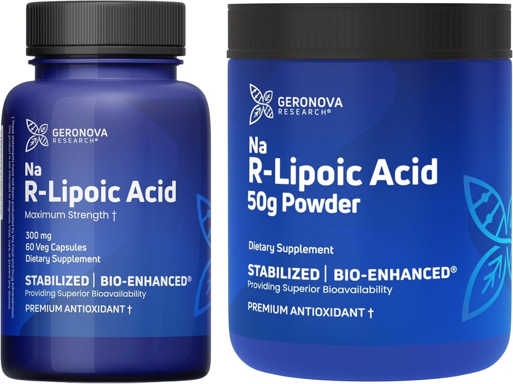 Geronova Research R-Lipoic Acid 300 mg 60 Caps, Bio-Enhanced Na R-Lipoic Acid 50g Toz Sche