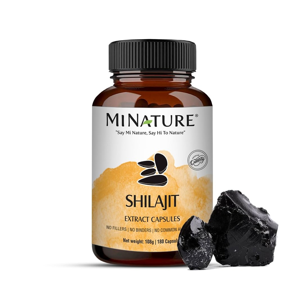 Shilajit Capsules - Non GMO Extract by mi Nature | 180 Veg Caps | Promotes Vibrant Energy & Vitality| 1000 mg | 100% Only Shilajit Extract Capsules | Fulvic Acid