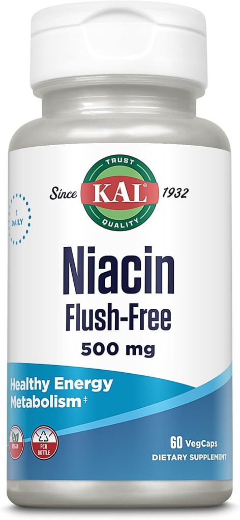KAL Niacin 500 mg Flush Ücretsiz - B3 Supplement - Metabolism ve Enerji Desteği - Skin, Nerve, Digestive Health and Circulation Support - Vegan Vitamin, 60-Day Garanti, 60 Hizmet, 60 VegCaps