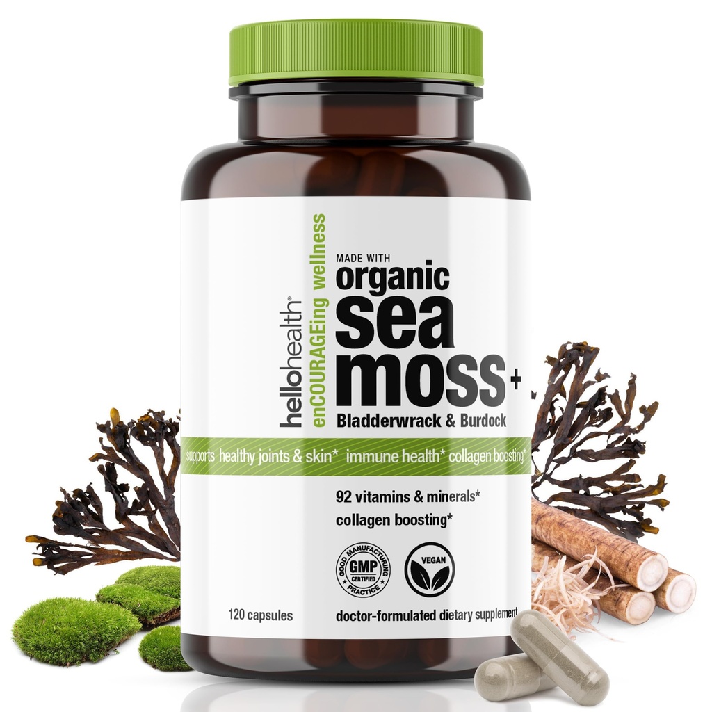 Organik İrlandalı Deniz Moss Capsules: Wildcrafted Sea Moss, Burdock Root & Bladderwrack Prebiyotik Super Food for Immune Support, Yourroid Support, Natural Energy, -120 Caps
